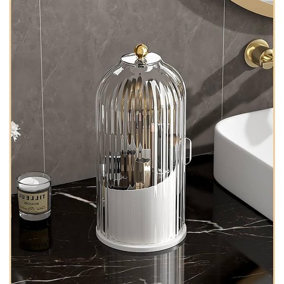 Transparent white 360°Rotating Makeup Brush Organizer With Lid for Easy Access - Picture 1 of 6